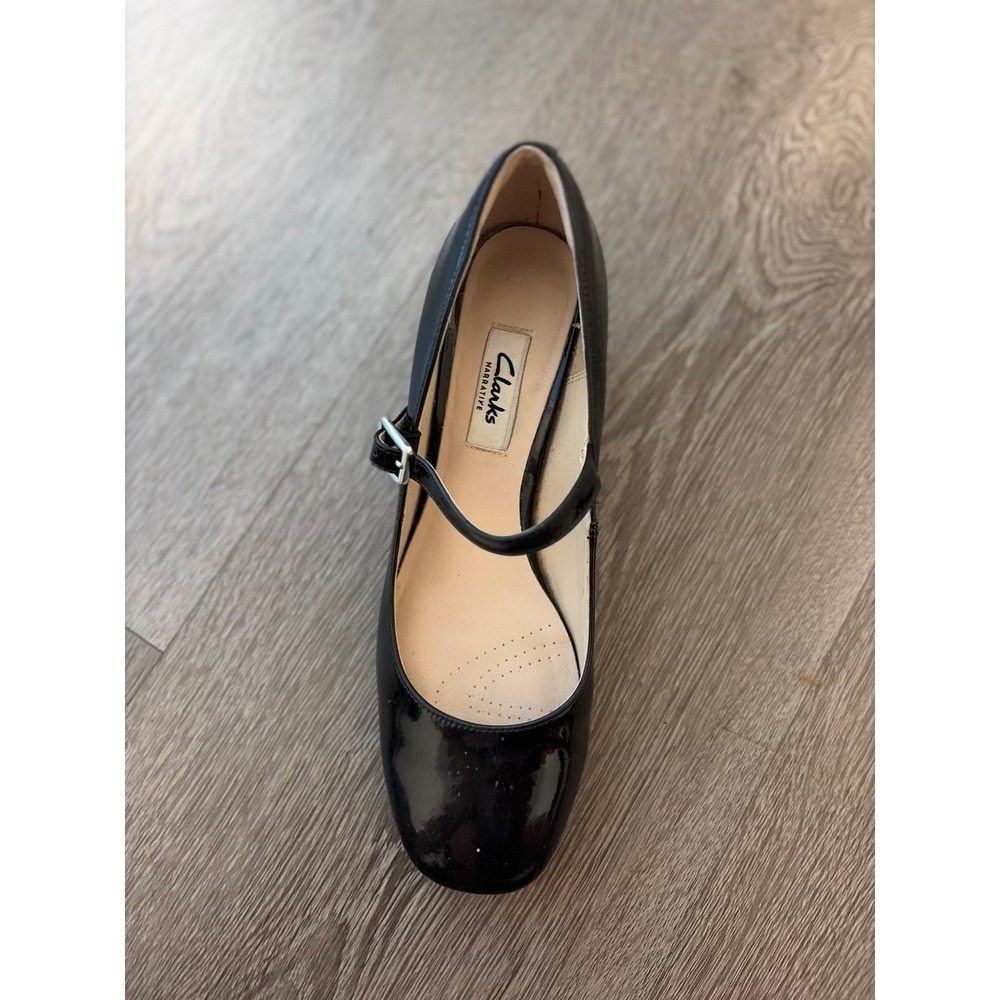 Clarks Chinaberry Pop Black Patent Mary Jane Block Heel Pumps Size 7.5M